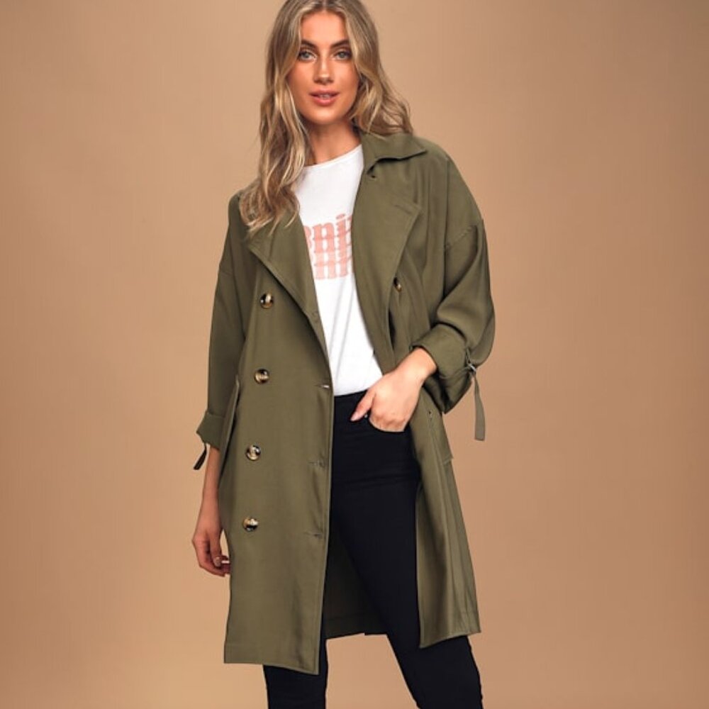 Lulus Adventuresome Olive Green Double Breasted Trench Coat - Size XS